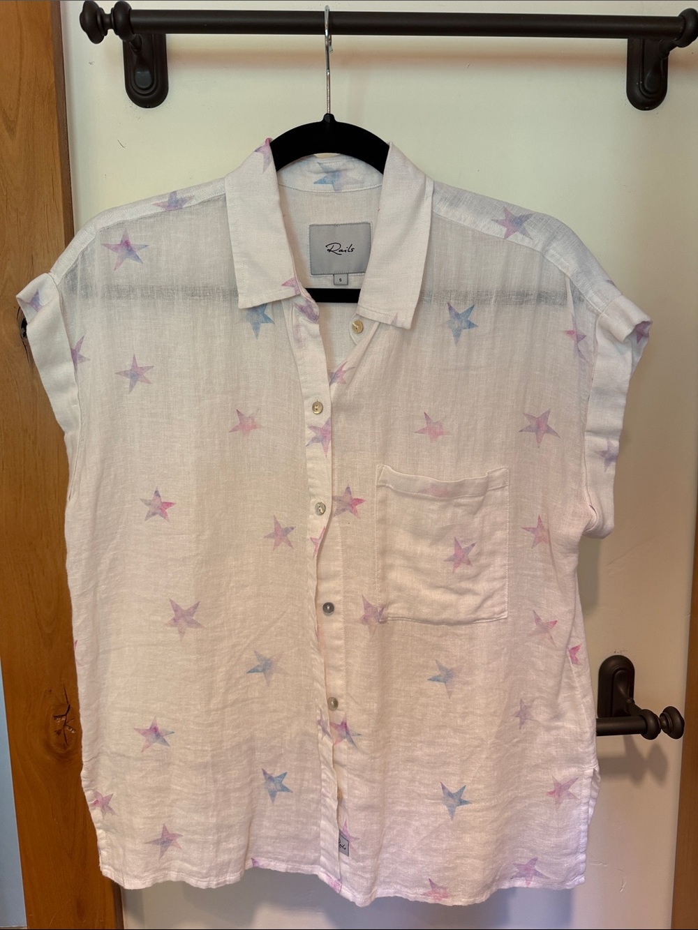 Rails Whitney White Star-Print Button Front Shirt with Pink & Blue Stars